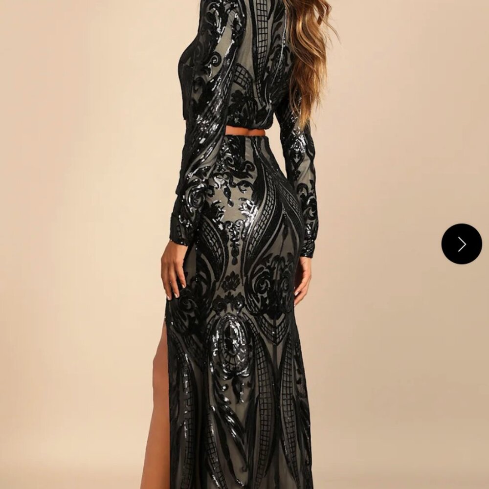 Lulus Black Sequin Long Sleeve Two-Piece Maxi Dress - Picture 3 of 5